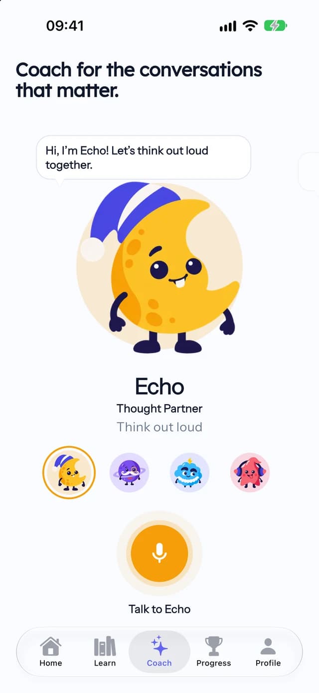 Clario Coach screen with Echo the moon ready to talk