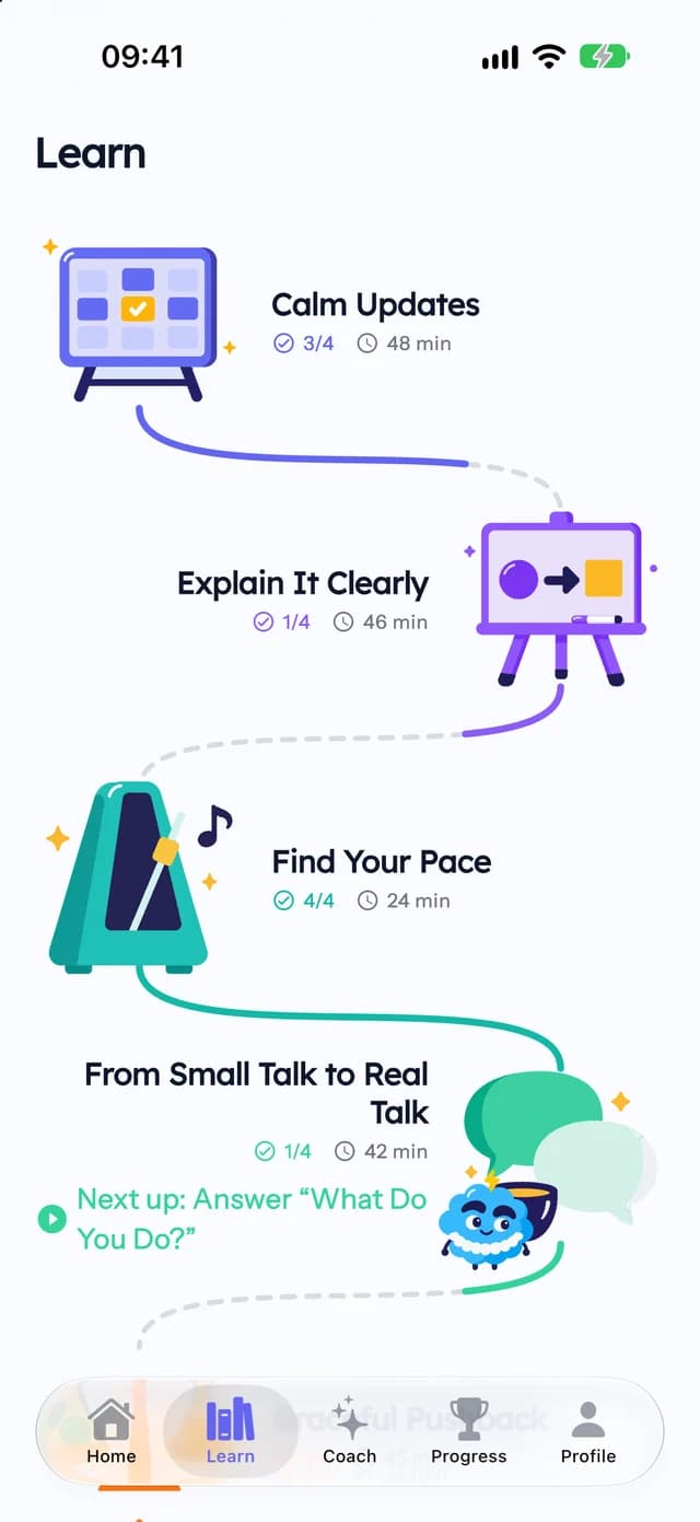 Clario Learn screen with a path of speaking courses